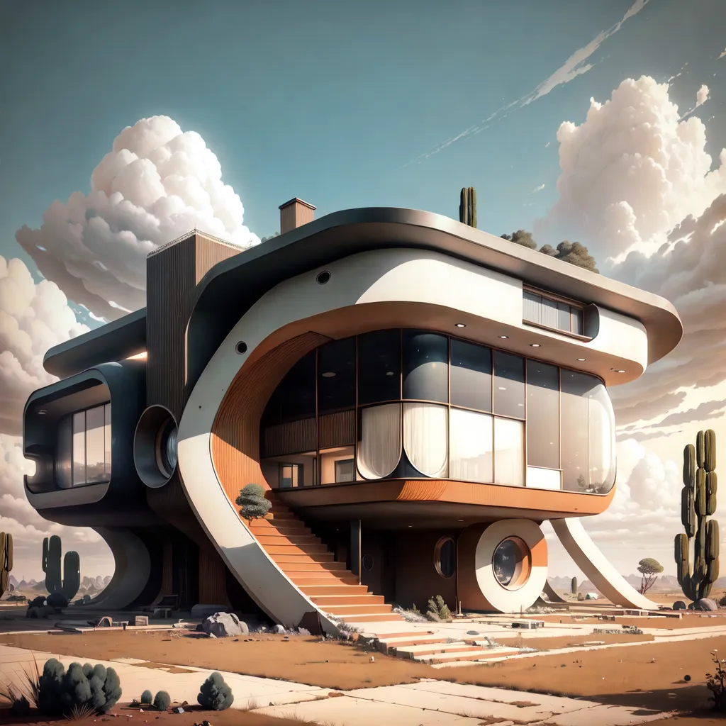 The image shows a futuristic house in the desert. The house is white and has a curved, organic shape. It is made of glass and metal and has a large balcony with a swimming pool. There are cacti and other desert plants around the house. The sky is blue and there are some clouds.