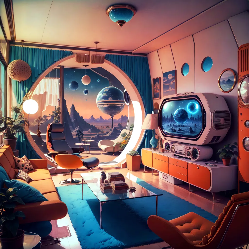 The image shows a retro futuristic living room with a large window looking out onto an alien landscape. There is a blue and orange color scheme. There is a large orange TV, a blue coffee table, and two orange armchairs. There is a sofa with a white cat on it. There are plants and books in the room.