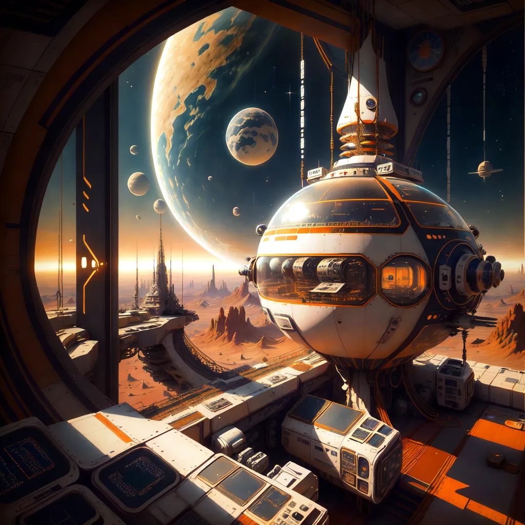 The image shows a view of a futuristic space station. There is a large window that looks out onto a desert planet. There are also several smaller windows that show other parts of the station. The station is made of metal and has a sleek, modern design. There are several computers and other electronic devices in the station. There is a large, spherical spaceship docked at the station. The spaceship is white and has a blue stripe running down the side. There are several smaller ships docked at the station as well. The image is full of detail and shows a realistic view of what a future space station might look like.