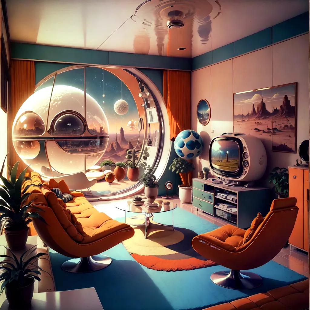 The image is a retro-futuristic living room. There is a large window on the left side of the room that has a view of a desert landscape with two moons in the sky. The room is decorated in orange and blue colors. There is a sofa, two armchairs, and a coffee table in the living room. There is also a television, a record player, and a globe. The room is decorated with plants and has a blue and orange shag carpet on the floor.