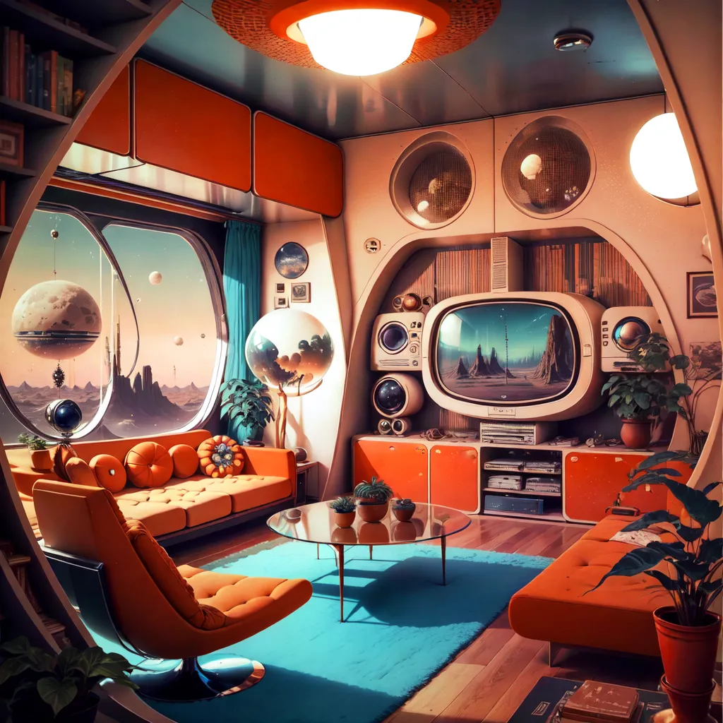 The image is a retro-futuristic living room. The room has a large window that looks out onto a desert landscape with several moons in the sky. The room is decorated in a 1970s style, with orange and brown being the predominant colors. There is a sofa, a coffee table, a television, a stereo system, and several plants in the room.