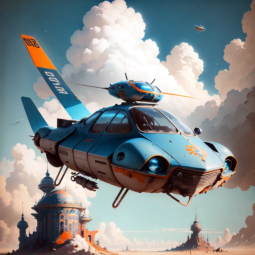 This is an illustration of a futuristic flying car. The car is blue and white and has a large wing on the back. It is flying over a desert landscape with a city in the background. There are clouds in the sky and two other flying cars in the distance. The car is in the foreground and is taking off from the ground. It has a retro-futuristic design and looks like it could be from a 1950s science fiction movie.