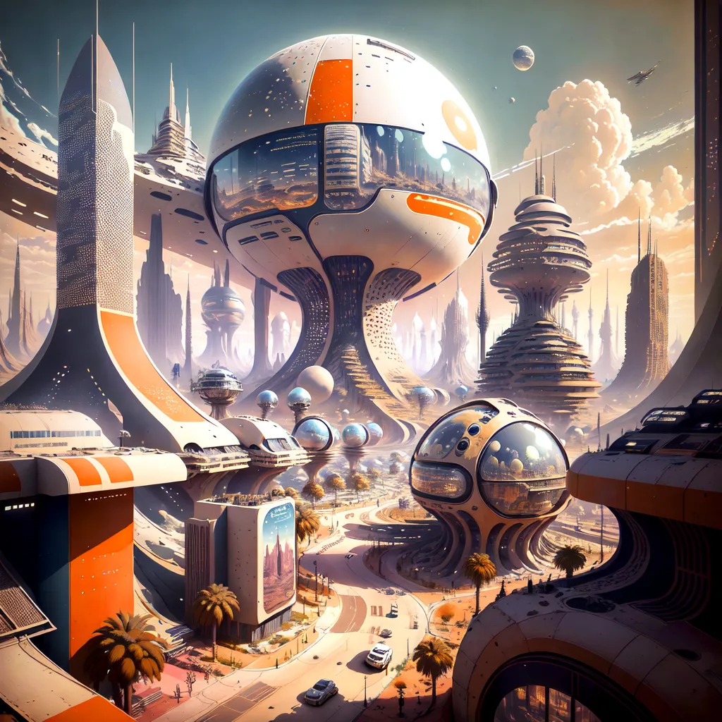 The image depicts a futuristic city with large, domed buildings and flying cars. The city is built on a desert planet with two moons in the sky. The buildings are made of glass and metal and have a sleek, modern design. The city is divided into several districts, each with its own unique architecture. The streets are filled with people and cars, and there is a sense of hustle and bustle. The image is full of color and detail, and it is clear that the artist has put a lot of thought into creating this vision of the future.