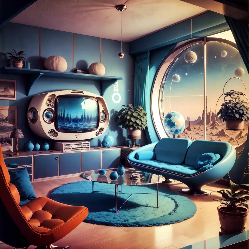 The image shows a retro futuristic living room. The room has a large window that looks out onto a desert landscape with two moons in the sky. There is a blue curved sofa, a coffee table, and two armchairs in the room. The walls are decorated with paintings and there are plants placed around the room.