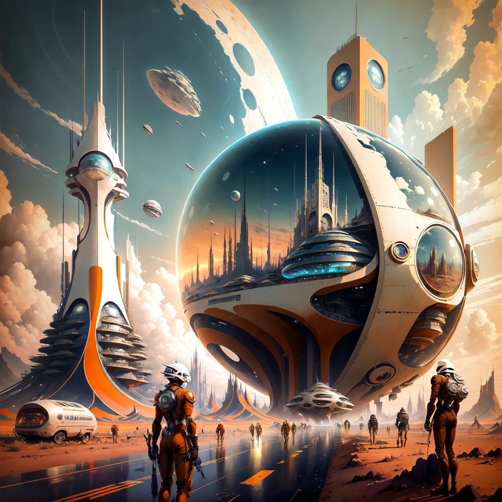 The image depicts a futuristic city with a large, spherical structure in the center. The sphere is made of glass and metal and has a number of smaller buildings and structures attached to it. There are several large, tower-like buildings in the background and a number of smaller, dome-shaped buildings in the foreground. The city is set in a desert landscape with a large moon in the sky. There are people walking around in the foreground.