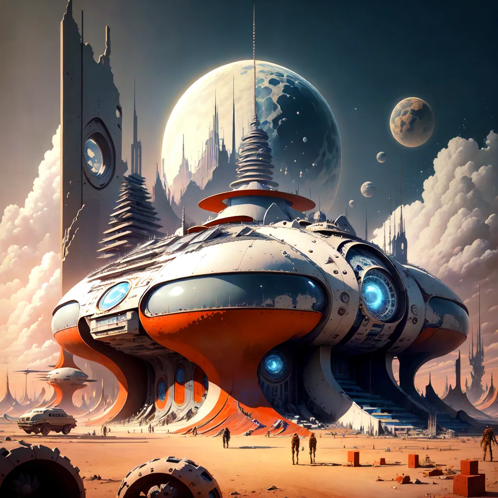 The image shows a futuristic city on a desert planet. There are several large buildings, including a large white and orange spaceship in the center of the image. The buildings are made of metal and glass and have a sleek, modern design. The city is located in a valley between two mountains. The sky is orange, and there are two moons in the sky. There are people walking around in the city, and there are vehicles parked on the ground.