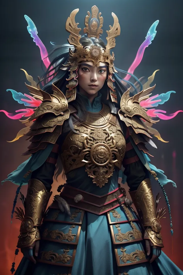 The image shows a young woman standing in a confident pose. She is wearing a blue and gold outfit and has intricate armor on her shoulders and chest. Her hair is long and black, and she is wearing a helmet with a dragon design. She has a sword in her right hand and is looking to the left of the frame. The background is dark with a glowing blue light on the left side.