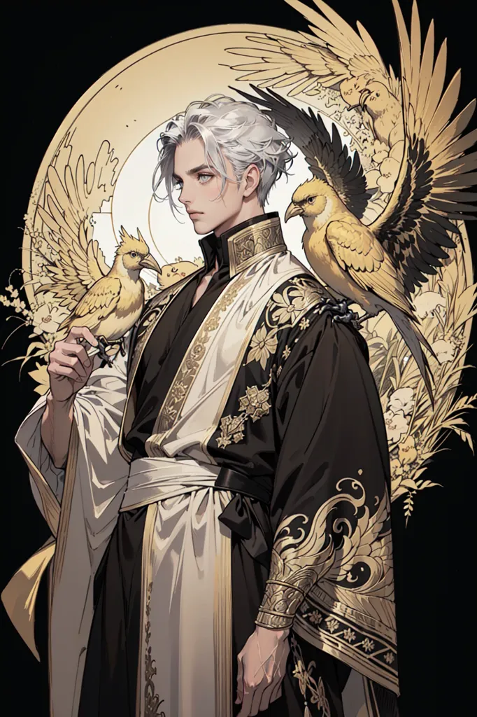 The image is of a young man with white hair and golden eyes. He is wearing a black and gold robe with intricate golden embroidery. He has a golden belt tied around his waist and is holding a golden staff in his right hand. He is standing in front of a large golden moon, with two small golden birds perched on his shoulders. The background is a dark blue night sky filled with stars.