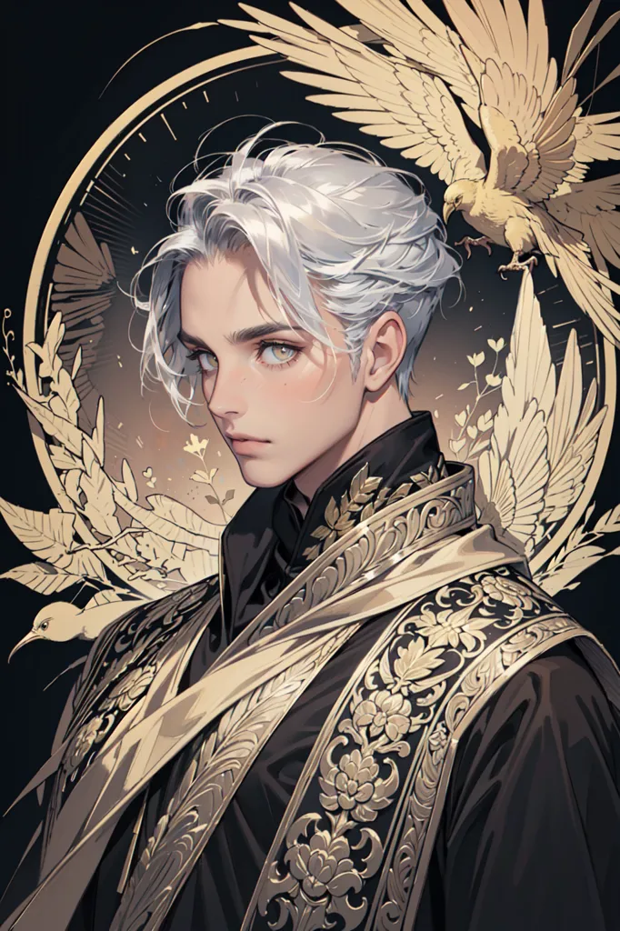 The image is of a young man with white hair and golden eyes. He is wearing a black and gold outfit with a white cravat. There is a gold and white clock behind his head and two white doves flying around him. There are also some white flowers and leaves in the background. The man has a serious expression on his face.