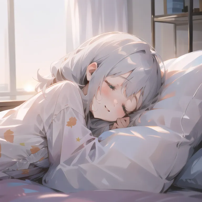 若い女の子が長い白い髪をしてベッドで眠っています。彼女は黄色い星のついた白いナイトガウンを着ています。女の子は穏やかな笑顔を浮かべています。太陽の光がウィンドウから差し込み、女の子に温かな光を投げかけています。女の子は枕に囲まれ、とても快適そうに見えます。