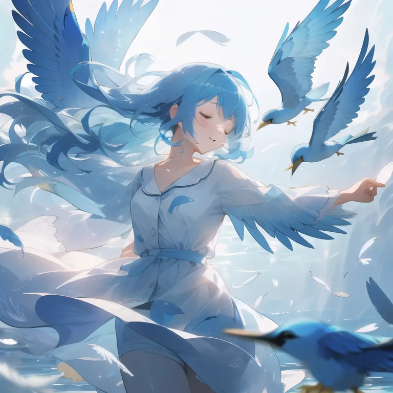 This is an image of a girl with long blue hair wearing a white dress with a blue sash. She has her arms outstretched and is surrounded by blue birds. The girl has a peaceful expression on her face and her eyes are closed. The background is a light blue color and there are some white clouds in the distance.