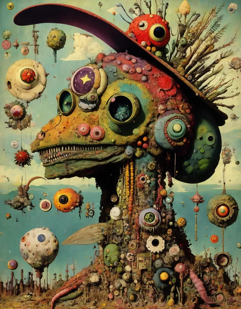 The image is a surreal and psychedelic portrait of a creature with a human face and a green body covered in various objects and creatures. The creature is wearing a hat and has a large eye on its forehead. There are also several other eyes and objects embedded in its body. The background is a blue sky with white clouds. The image is full of vibrant colors and has a dreamlike quality.