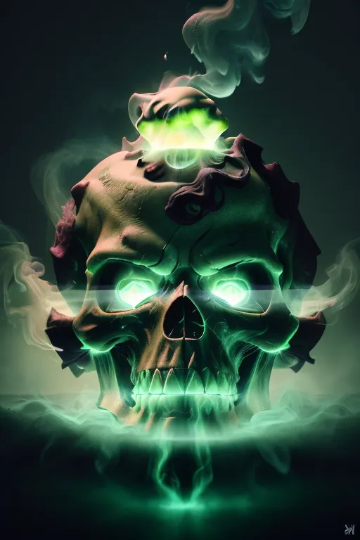 This image is a skull with green smoke coming out of the top of it. The skull is glowing green and has green eyes. The skull is sitting in a pool of green liquid. The background is dark and there is a spotlight shining on the skull.