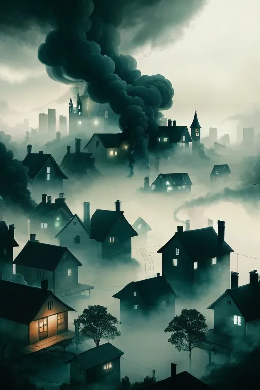 The image is a dark and foggy cityscape. The sky is filled with thick, black smoke, and the buildings are shrouded in mist. It's nighttime, and the only light comes from the windows of the buildings. The houses are all different sizes and shapes, and they're all crammed together. The image is very atmospheric, and it creates a sense of mystery and foreboding.