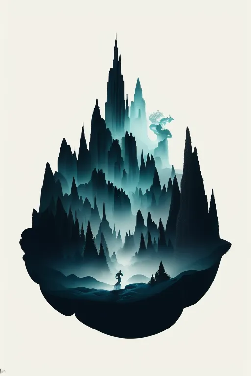 The image is a dark blue and grey illustration of a mountain range. The mountains are in the shape of a circle, with a large, central peak. The central peak is surrounded by smaller peaks, and there are trees growing on the lower slopes of the mountains. In the foreground of the image, there is a figure standing on a small hill. The figure is looking up at the central peak.