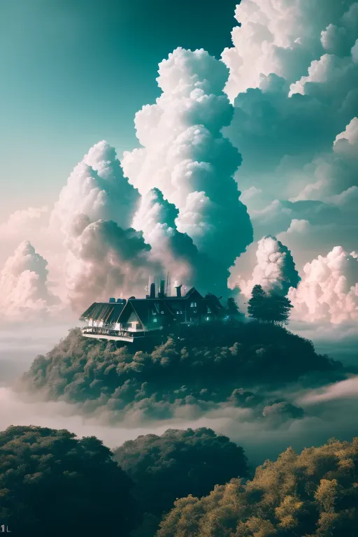 Gambar ini adalah pemandangan indah dari sebuah rumah di atas bukit. Rumah itu dikelilingi oleh pepohonan dan awan. Langit berwarna gradasi biru dan hijau, serta awan-awan berwarna putih dan lembut. Rumah itu terbuat dari kayu dan memiliki teras yang luas. Ada pepohonan di sekitar rumah, dan semuanya memiliki warna yang berbeda-beda. Daun-daun di pohon berwarna hijau, kuning, dan oranye. Tanah tertutup oleh rumput, dan ada bunga-bunga yang sedang mekar di sekitarnya. Gambar ini sangat tenang dan damai.