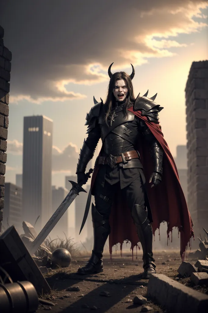 The image shows a person with long black hair and black horns standing in a ruined city. They are wearing black and red armor and a red cape. They are holding a sword in one hand and the other is outstretched. The sky is cloudy and there are ruins of buildings in the background.