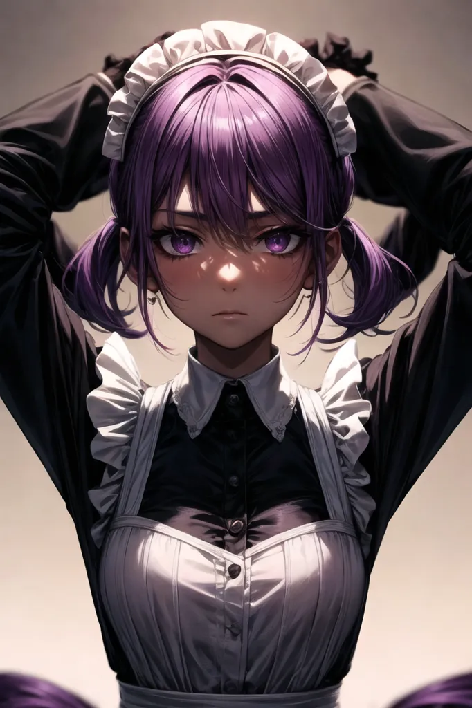 The image is a digital painting of a young woman with purple hair and eyes. She is wearing a black and white maid outfit. The outfit consists of a short-sleeved black dress with a white collar and apron. She is also wearing a pair of black cat ears. The woman is standing with her hands raised to her head, and she has a slightly embarrassed expression on her face. The background is a simple gradient of light and dark purple.