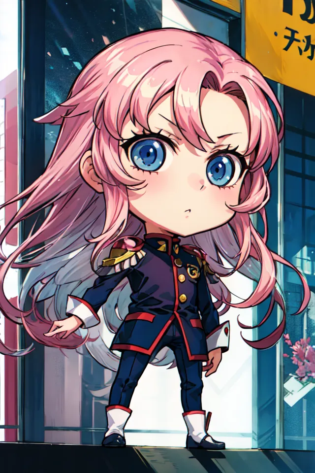 A imagem mostra uma garota estilo anime chibi com cabelo rosa e olhos azuis. Ela está usando um uniforme de estilo militar com uma jaqueta vermelha e calças azuis. Há um broche em forma de coração na lapela. Ela tem uma expressão séria no rosto e está em pé com os pés à largura dos ombros. Há um edifício com uma marquise amarela e um sinal com escrita japonesa atrás dela.