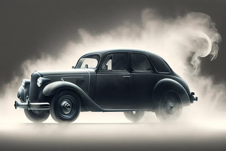 The black and white image shows an old-fashioned car from the 1930s or 1940s. It is seen from the side and is surrounded by smoke or fog. The car is in the center of the image and is sharply focused, while the background is blurred. The car is black and shiny, and the smoke or fog is white and fluffy. The car is moving quickly, and the smoke or fog is swirling around it. The image is dramatic and mysterious, and it evokes a sense of nostalgia.