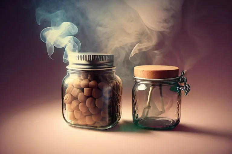 There are two jars on a solid surface. The jar on the left is filled with pills and the jar on the right is empty. Both jars are opened and smoke is rising out of them.