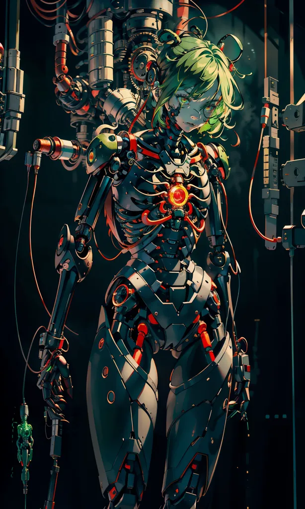 The image is a dark and detailed illustration of a female cyborg. She is standing in a hunched position with her head looking down and to the right. She has green hair and red eyes, and her body is mostly made up of metal and wires. There are several tubes and cables attached to her body, and she is surrounded by a variety of machinery. The background is dark and grungy, and the overall atmosphere of the image is one of mystery and intrigue.