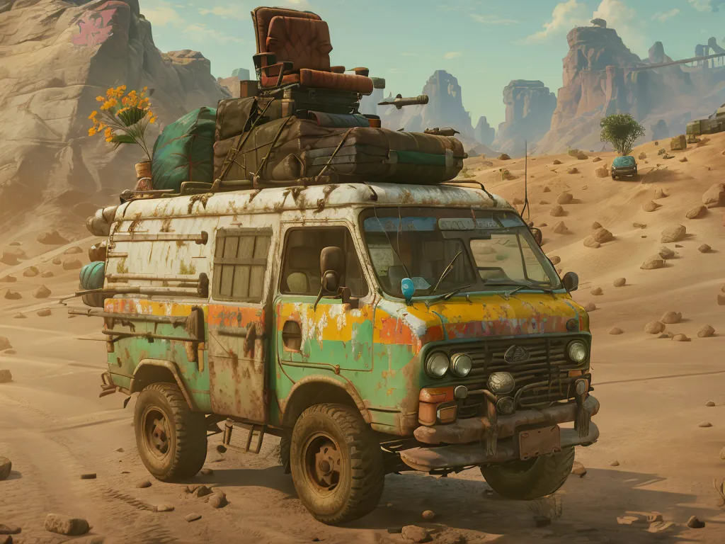 The image shows a post-apocalyptic van in the desert. The van is old and rusty, with a yellow and green paint job. It has a large number of items tied to the roof, including a chair, a mattress, and a few bags. The van is also equipped with a gun mounted on the roof. The desert is rocky and sandy, with a few plants growing here and there. There are large rock formations in the background. The sky is cloudy and there is a hint of a rainbow in the distance.