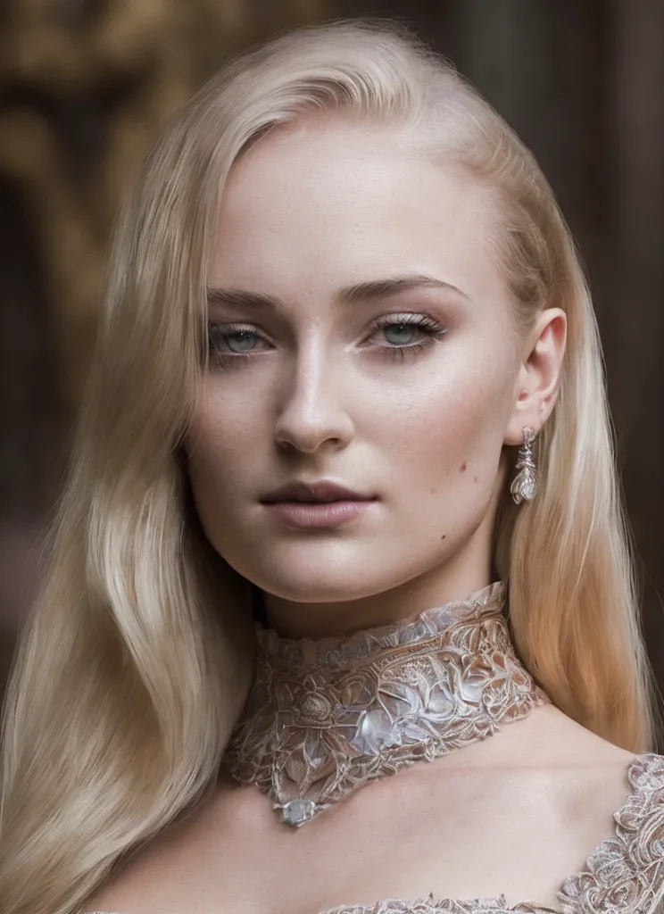 The picture shows a young woman with long, wavy blonde hair. She has fair skin and light blue eyes. She is wearing a white dress with a high collar. The collar is decorated with silver lace and a large gemstone in the center. The woman is looking at the camera with a serious expression. She is wearing a necklace with a large pendant. The background is blurry, but it looks like there are trees in the distance.