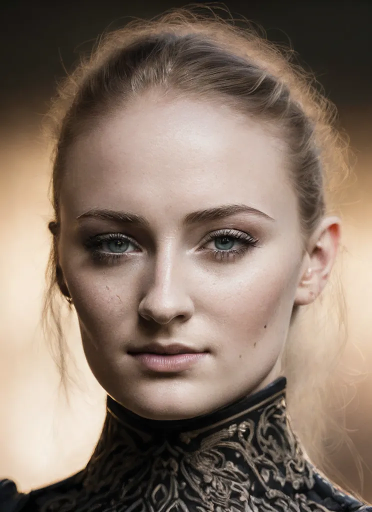 The picture shows a young woman with pale skin and light brown hair. She is wearing a dark colored, high-collared dress with gold or silver embroidery. The collar has a leaf-like pattern. The woman's hair is pulled back into a low chignon bun. She is looking at the camera with a serious expression.