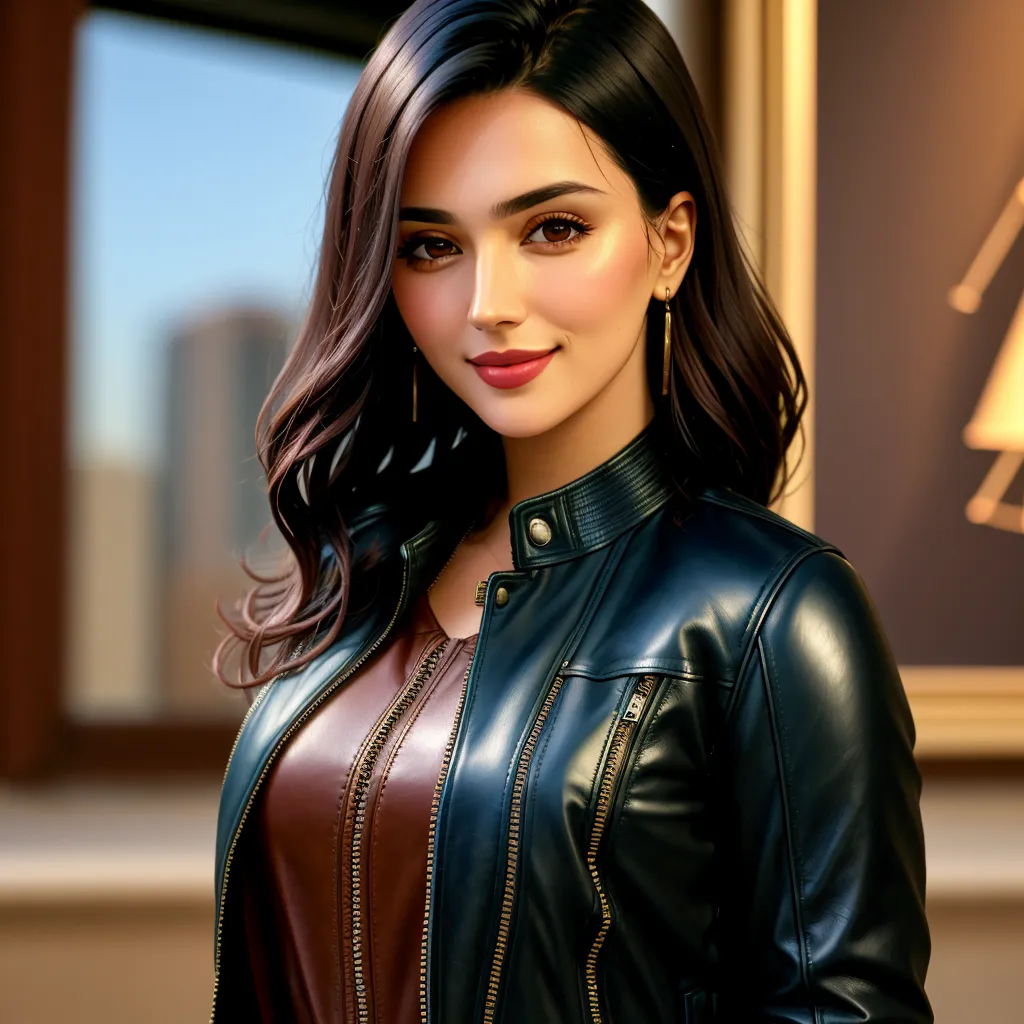 The image shows a young woman with long, dark, wavy hair. She is wearing a brown, zippered, collared shirt and a black leather jacket. She has a slight smile on her face and is looking at the camera. She is standing in front of a blurred background of a city.