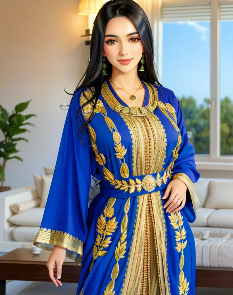 The image shows a young woman wearing a blue and gold traditional Moroccan dress. The dress is embroidered with intricate gold thread designs and has a belt at the waist. The woman has long, dark hair and is wearing makeup. She is standing in a living room, with a couch and a plant in the background.