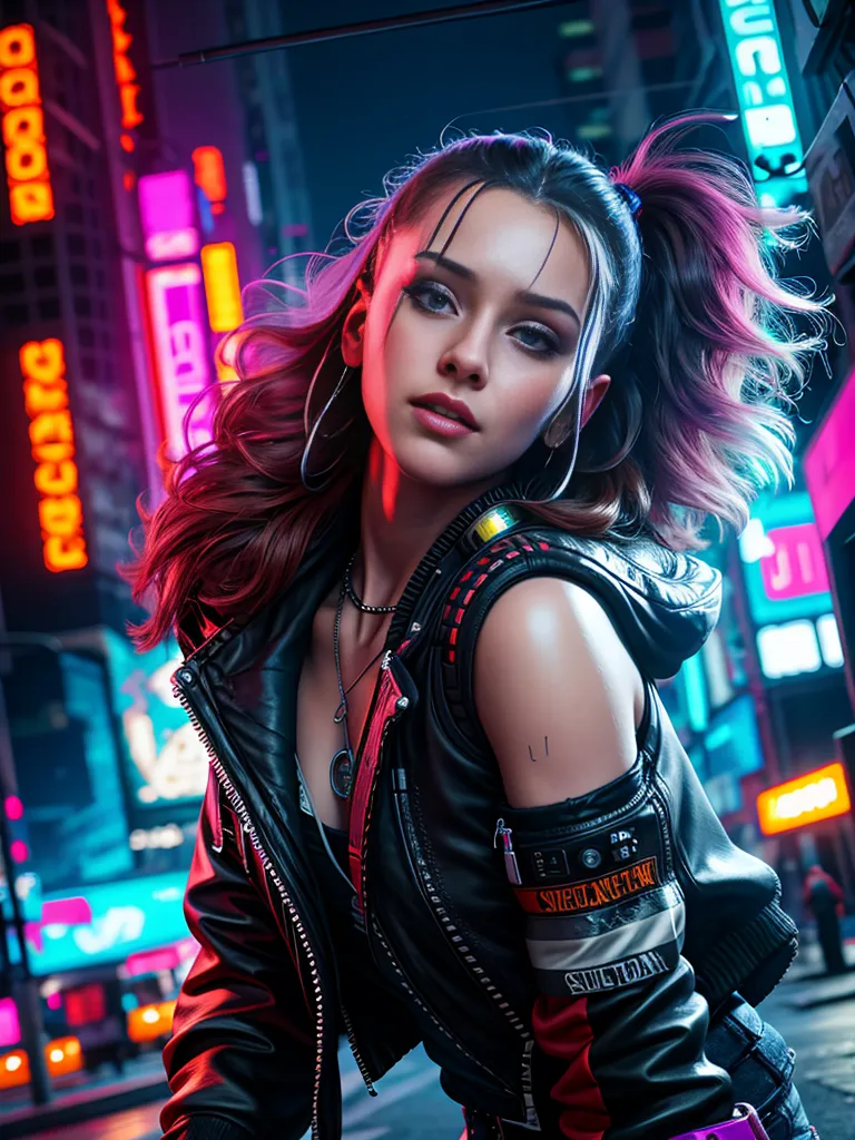 This is an image of a young woman standing in a dark alleyway. She is wearing a black leather jacket and a red and blue tank top. She has her hair in a ponytail and is wearing a lot of makeup. There are bright lights in the background, which suggests that she is in a city. The image is cropped in such a way that her face and shoulders are the main focus.