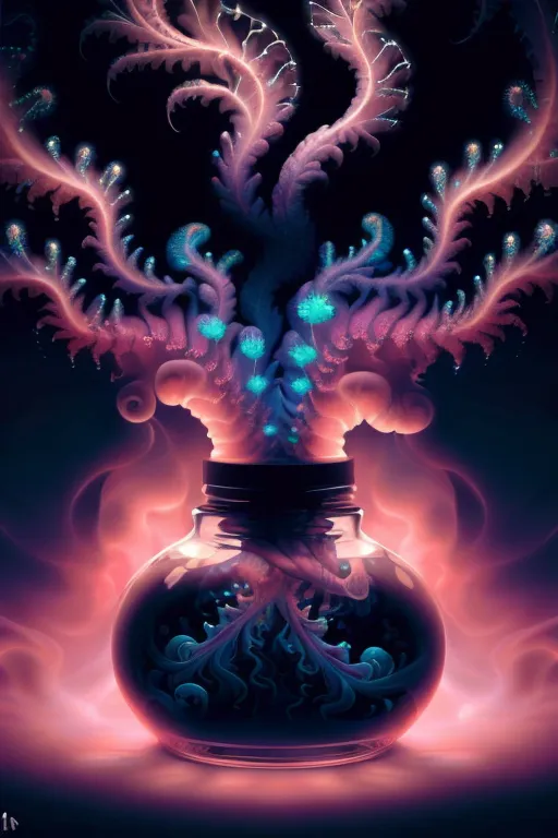 The image is a dark, mysterious, and beautiful depiction of a plant growing inside a jar. The plant is pink and purple, with long, flowing branches that reach out towards the top of the jar. The jar is filled with a strange, glowing liquid that seems to be giving the plant life. The background is a deep, dark blue, which makes the plant and jar stand out. The image is full of contrast, with the light and dark areas playing off of each other to create a sense of drama and intrigue.