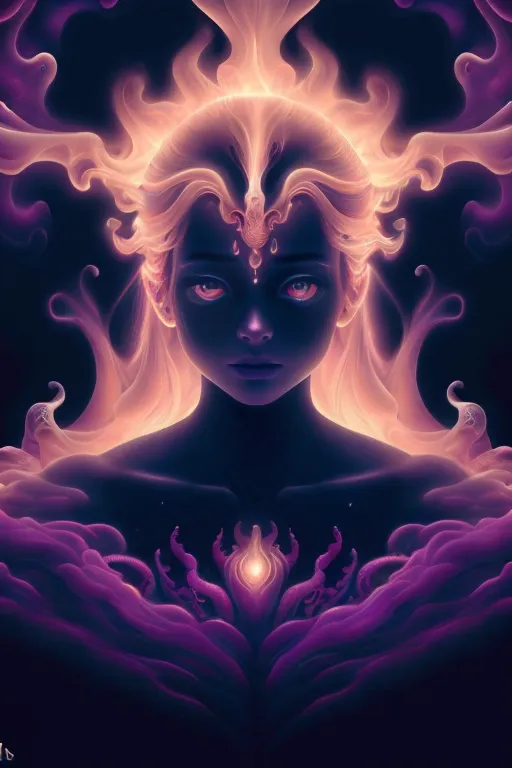 The image is a portrait of a woman with long, flowing hair. She has a serene expression on her face and her eyes are closed. Her hair is a bright, light pink color and it is styled in a way that is reminiscent of flames. She is wearing a dark purple dress with a plunging neckline. The dress is decorated with intricate designs and has a high collar. The woman is standing in front of a dark background and she is surrounded by a soft, glowing light.