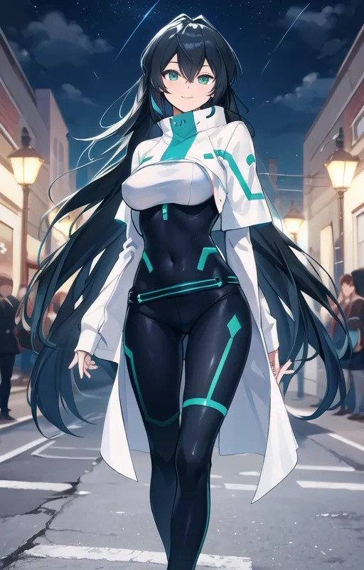 The image shows a young woman with long black hair and green eyes. She is wearing a black and white bodysuit with green highlights. She is also wearing a white lab coat. The woman is standing in a city street at night. The street is lit by streetlights. There are people walking in the background. The woman is looking at the viewer with a smile on her face.