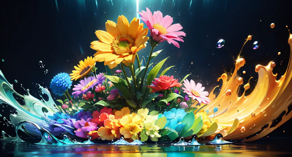 The image is a beautiful depiction of flowers in a vase. The vase is not visible, but the flowers are arranged in a way that suggests they are in a container. The flowers are of various colors, including red, orange, yellow, green, blue, and purple. They are arranged in a spiral pattern, with the largest flowers at the bottom and the smallest flowers at the top. The flowers are surrounded by water, which is depicted in a realistic way. The water is clear and transparent, and it reflects the light from the flowers. The image is set against a dark background, which makes the flowers stand out. The overall effect of the image is one of beauty and tranquility.