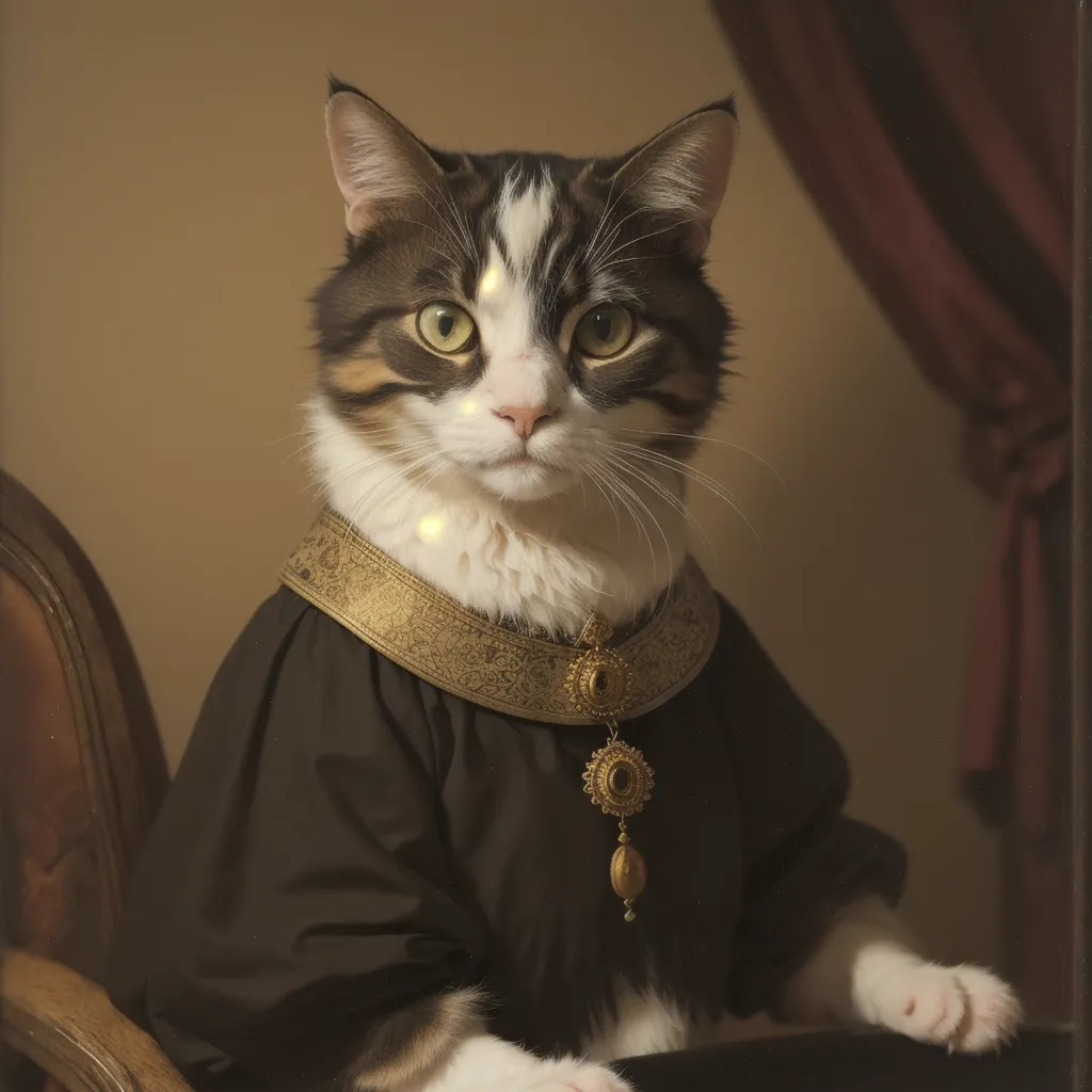 A imagem mostra um gato vestindo um vestido de brocado preto e dourado com um colarinho de renda branca. O gato está sentado em uma cadeira e olha para o espectador com uma expressão imperiosa. O fundo é uma cortina vermelha escura. A pintura é feita em um estilo realista e o pelo do gato é retratado com grande detalhe.