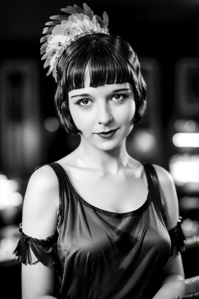 L'image en noir et blanc montre une jeune femme des années 1920 avec une coupe de cheveux de flapper et un bandeau de plumes. Elle porte une robe de soie de couleur sombre avec un décolleté bas. Elle a une expression confiante sur son visage et regarde directement l'objectif. L'arrière-plan est flou et hors de focus.