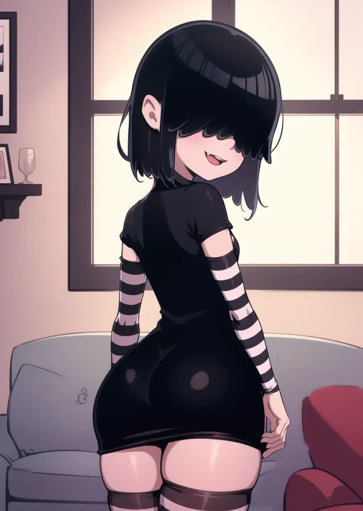 The image is of a young woman with black hair and purple eyes. She is wearing a black dress with a white collar and black boots. She is standing in a living room, with a couch and a window behind her. She has a sly expression on her face and is looking at the viewer over her shoulder.