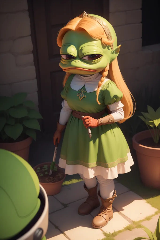 The image is a 3D rendering of a character from the Legend of Zelda video game series. The character is a young woman with long blonde hair and green eyes. She is wearing a green dress and a brown belt. She is also wearing a golden crown and a pair of brown boots. She is holding a sword in her right hand and a shield in her left hand. She is standing in front of a door. There are two potted plants on either side of her. The image is rendered in a realistic style and the character is very detailed.