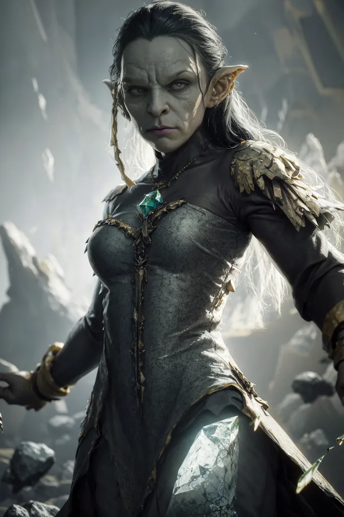 This image shows a female orc with green skin and long black hair. She is wearing a grey dress with golden shoulder pads and a golden necklace with a green gem in the center. She is also wearing a golden bracelet on her right arm. She has a determined expression on her face and is looking at the viewer with her piercing yellow eyes. She is standing in a dark cave surrounded by rocks.