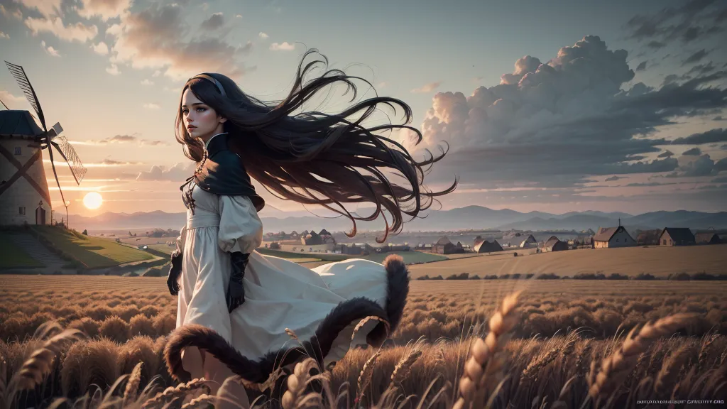 This is an image of a girl standing in a field of wheat. There is a village in the distance and a windmill to her right. The sun is setting and the sky is a golden orange color. The girl is wearing a white dress with a brown cape. She has long brown hair that is blowing in the wind. She is looking to her right, possibly at the village.