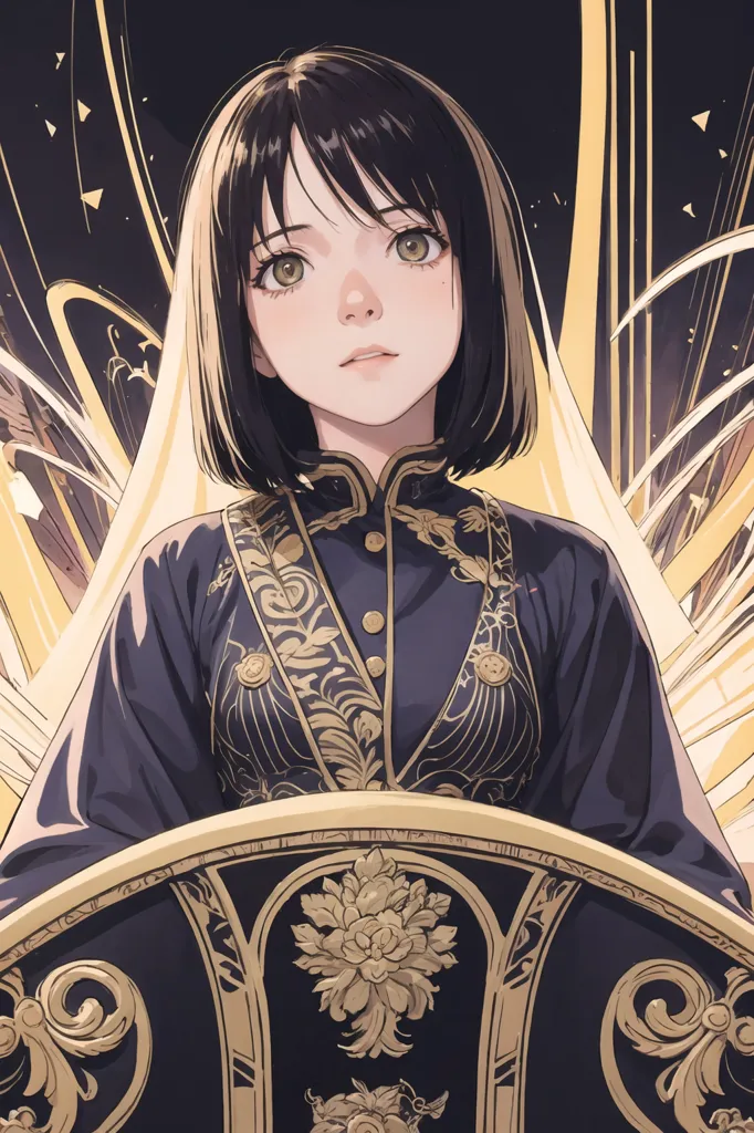 The picture shows a young woman with short black hair. She is wearing a black cheongsam with gold trim. The cheongsam has a high collar and is fastened with gold buttons. The woman is sitting in a golden chair with her hands resting on the arms of the chair. She has a serious expression on her face. The background is a dark color with a golden glow around the woman.