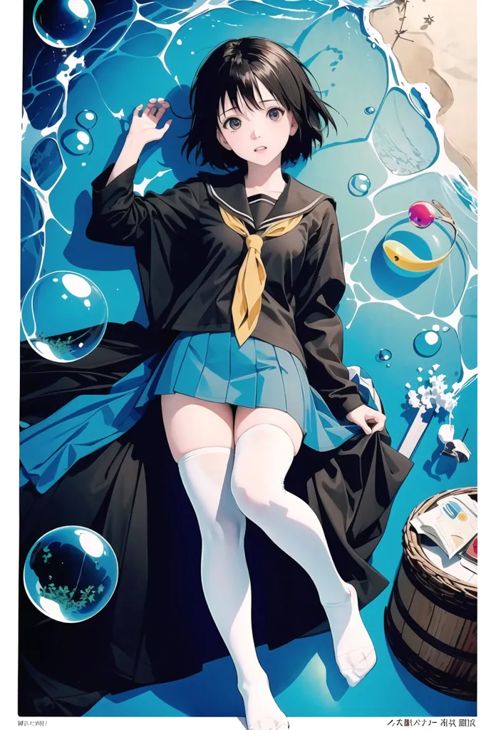 The image is a painting of a girl in a school uniform lying on her back in shallow water. She is wearing a black blazer, a yellow tie, and a blue skirt. Her black hair is short and straight. Her eyes are closed and she has a peaceful expression on her face. The water is clear and blue-green, and there are bubbles and fish swimming around her. There is a wooden barrel and some books floating in the background. The painting is done in a realistic style and the colors are vibrant and lifelike.