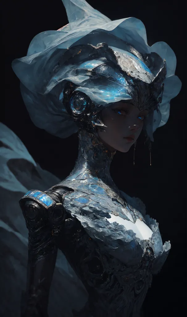 L'image est un portrait sombre d'une femme qui semble être un cyborg. Elle a la peau argentée et les yeux bleus, et sa tête est recouverte d'un étrange headdress métallique. Son corps est recouvert d'une robe blanche avec des détails bleus. Elle regarde le spectateur avec un regard froid et sans expression. L'arrière-plan est sombre et flou.