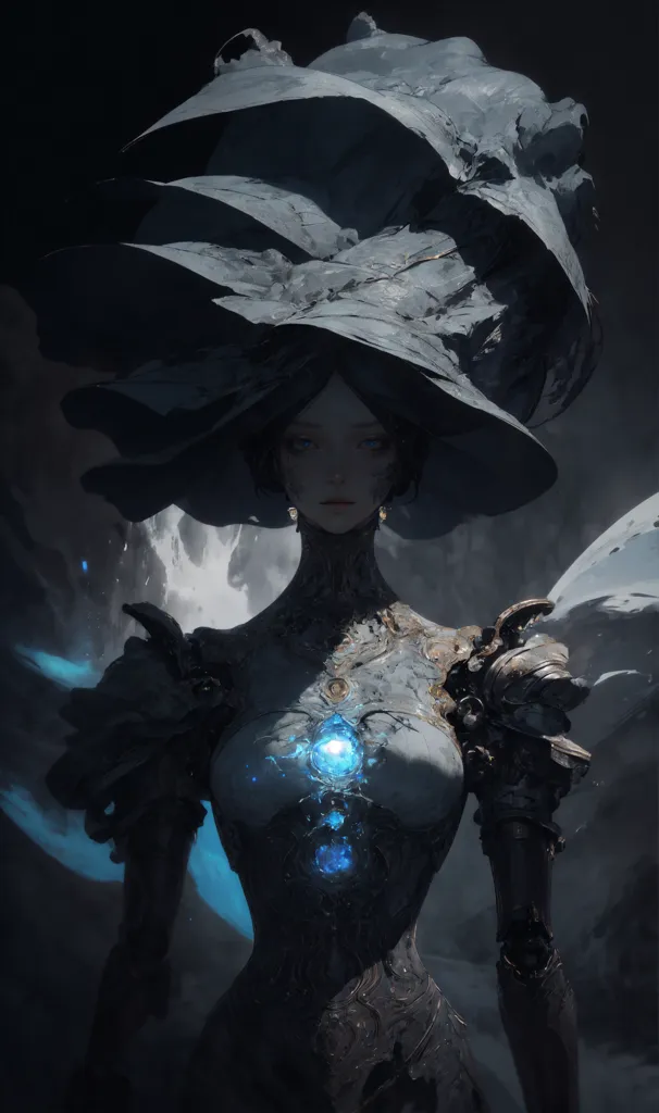 The image is of a woman wearing a large hat and a dress with a corset. The hat is dark grey and the dress is white and grey. The woman has blue eyes and is looking at the viewer. She is standing in front of a dark grey background. The image is dark and mysterious.