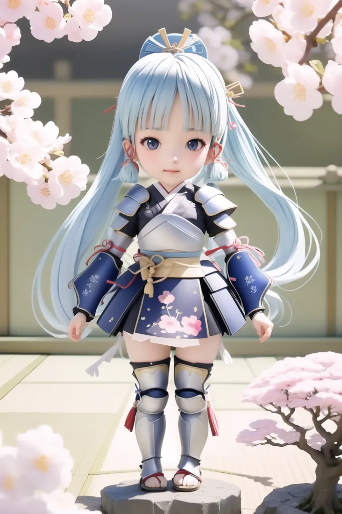 The image is of a young girl in a blue and white kimono. She is standing on a stone platform, and there are cherry blossoms in the background. The girl has long blue hair and blue eyes. She is wearing a samurai helmet and carrying a sword. The image is in a realistic style, and the girl is rendered in great detail.