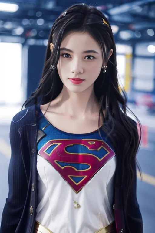 The image shows a young Asian woman with long black hair and red lipstick. She is wearing a white shirt with the Superman logo on it. She is also wearing a blue jacket. The background is blurred.