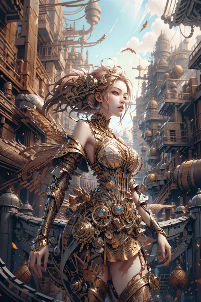 Esta es una imagen de un personaje steampunk. Ella está usando una armadura dorada con muchos engranajes y ruedas dentadas. Tiene el cabello rubio y los ojos azules. Está de pie en una ciudad steampunk que está llena de dirigibles y edificios altos. El cielo es naranja y el sol se está poniendo.