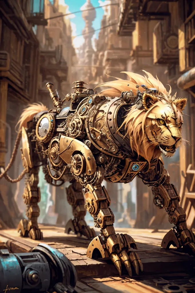 The image is a steampunk lion. It is a large, mechanical creature with a lion's head and body. The lion is made of brass and has a variety of gears, cogs, and other mechanical parts attached to its body. It is standing on a wooden platform in what appears to be a city. There are buildings and other structures in the background, and the sky is a light blue color.